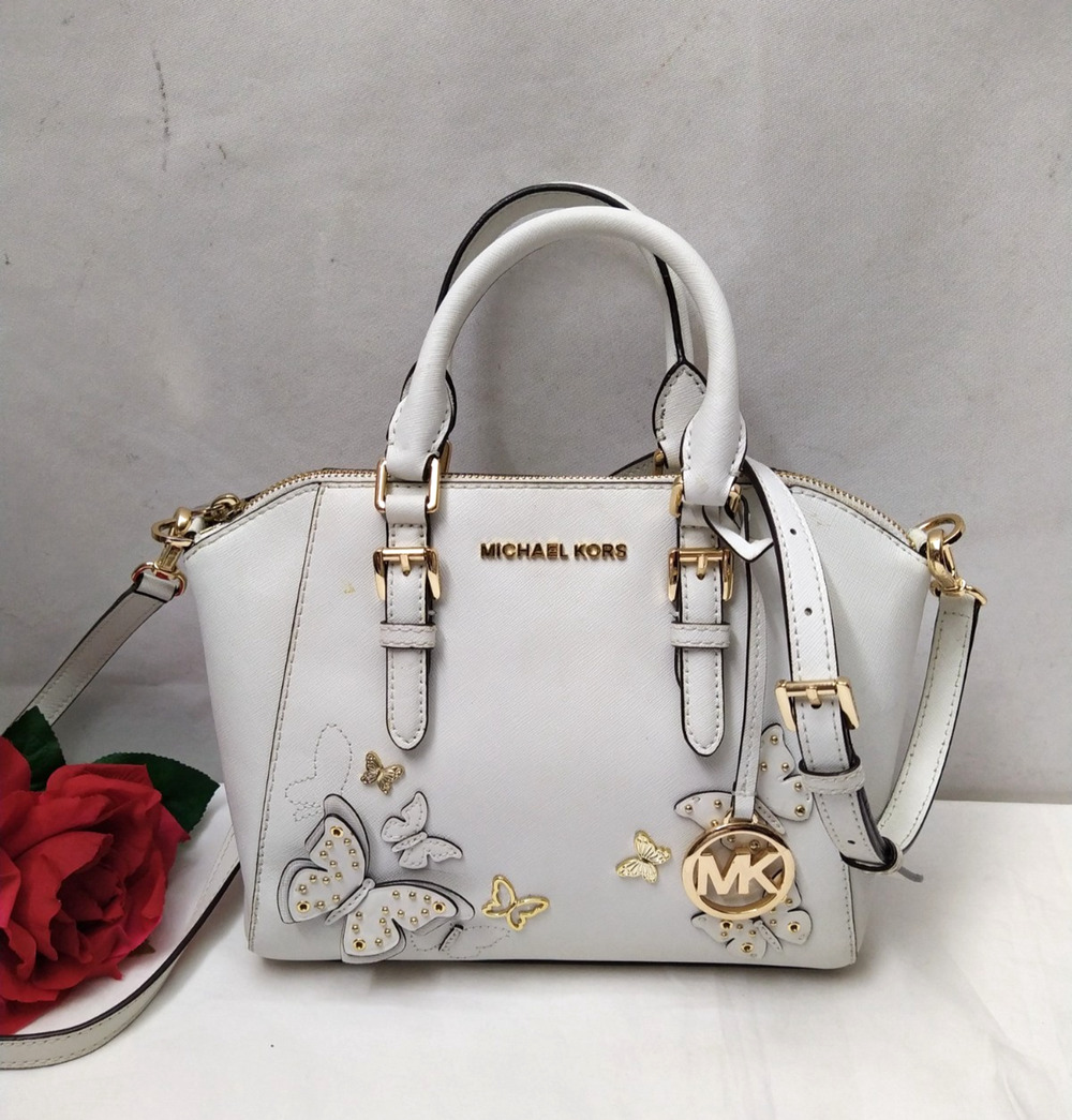 Michael Kors White Leather Butterfly Double Handles Zipper Satchel Bag